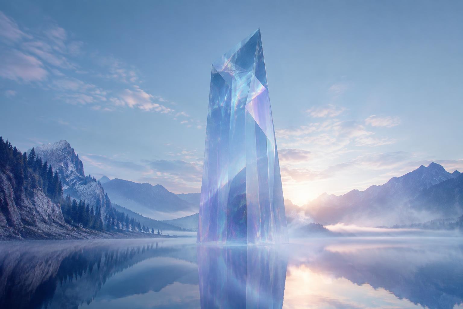 A luminous glass prism in a dream landscape