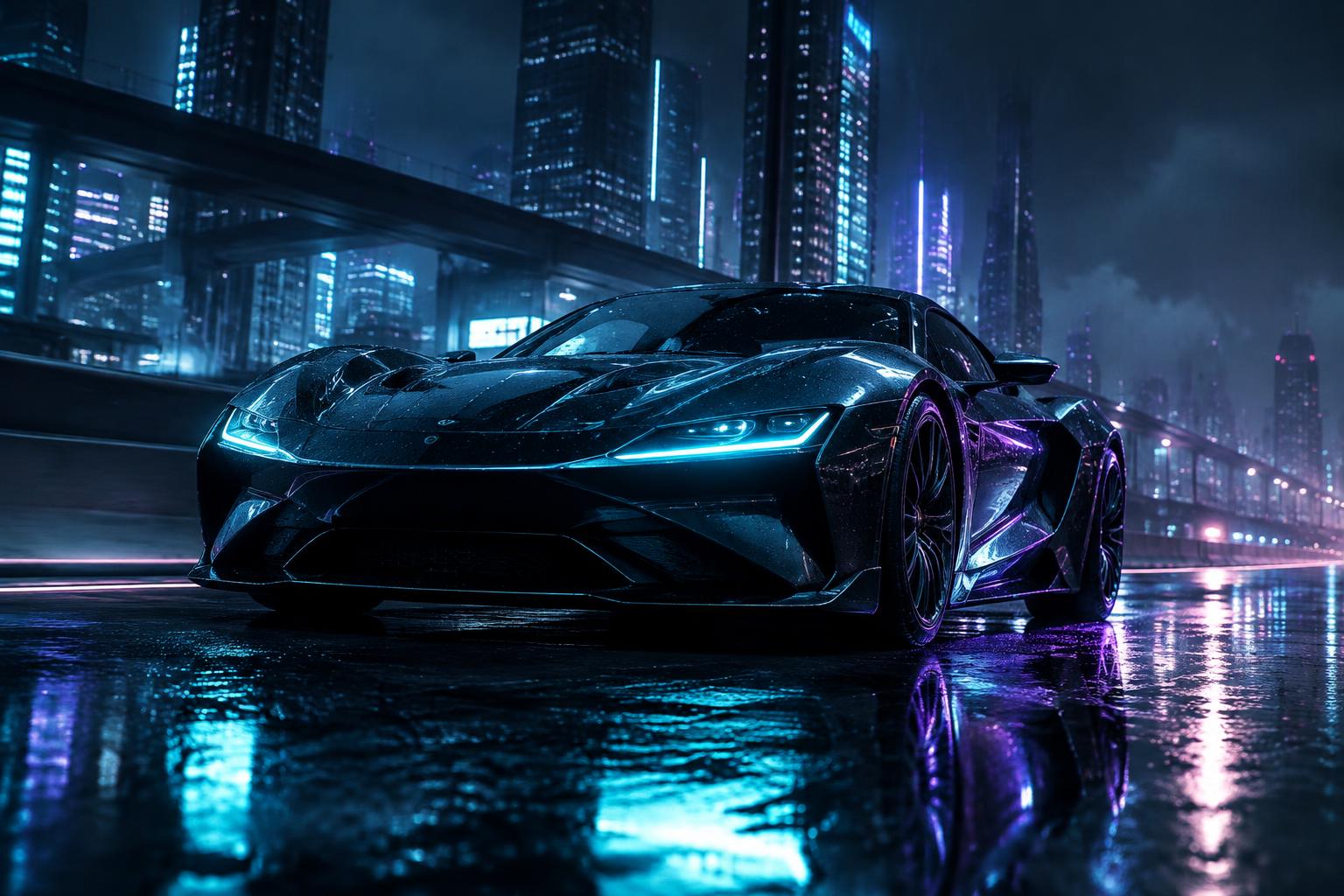 A cinematic PRISM creation of a supercar at midnight